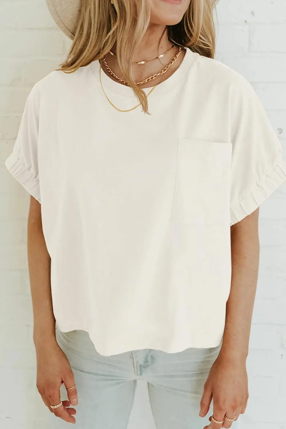 Women's Short Sleeve T Shirts Crewneck Summer Cropped Top Casual Basic Tees with Pocket