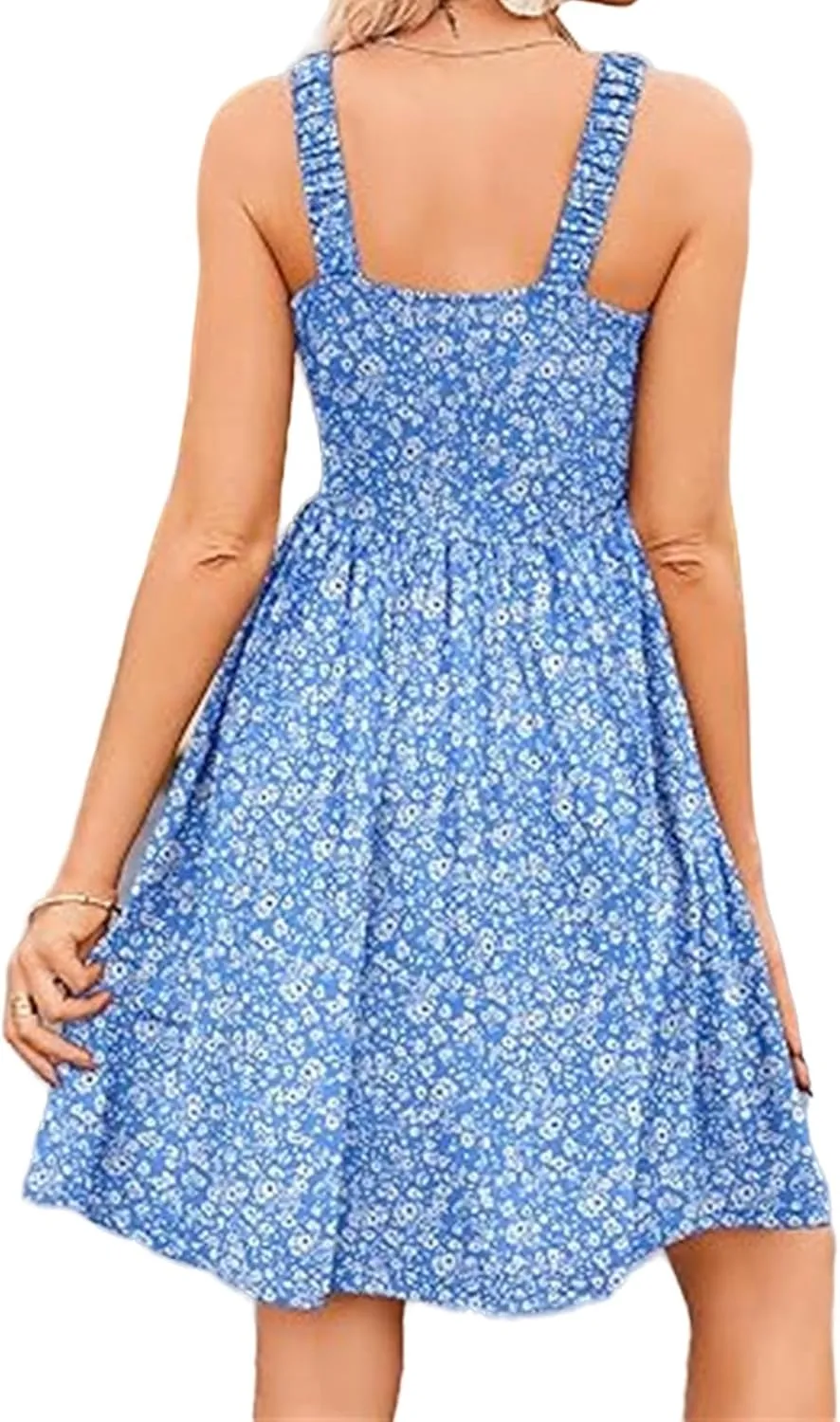 Women's Sleeveless Summer Dress Ruffle Tiered Floral Sundress Boho A-line Mini Dresses High Waist Square Neck Dress