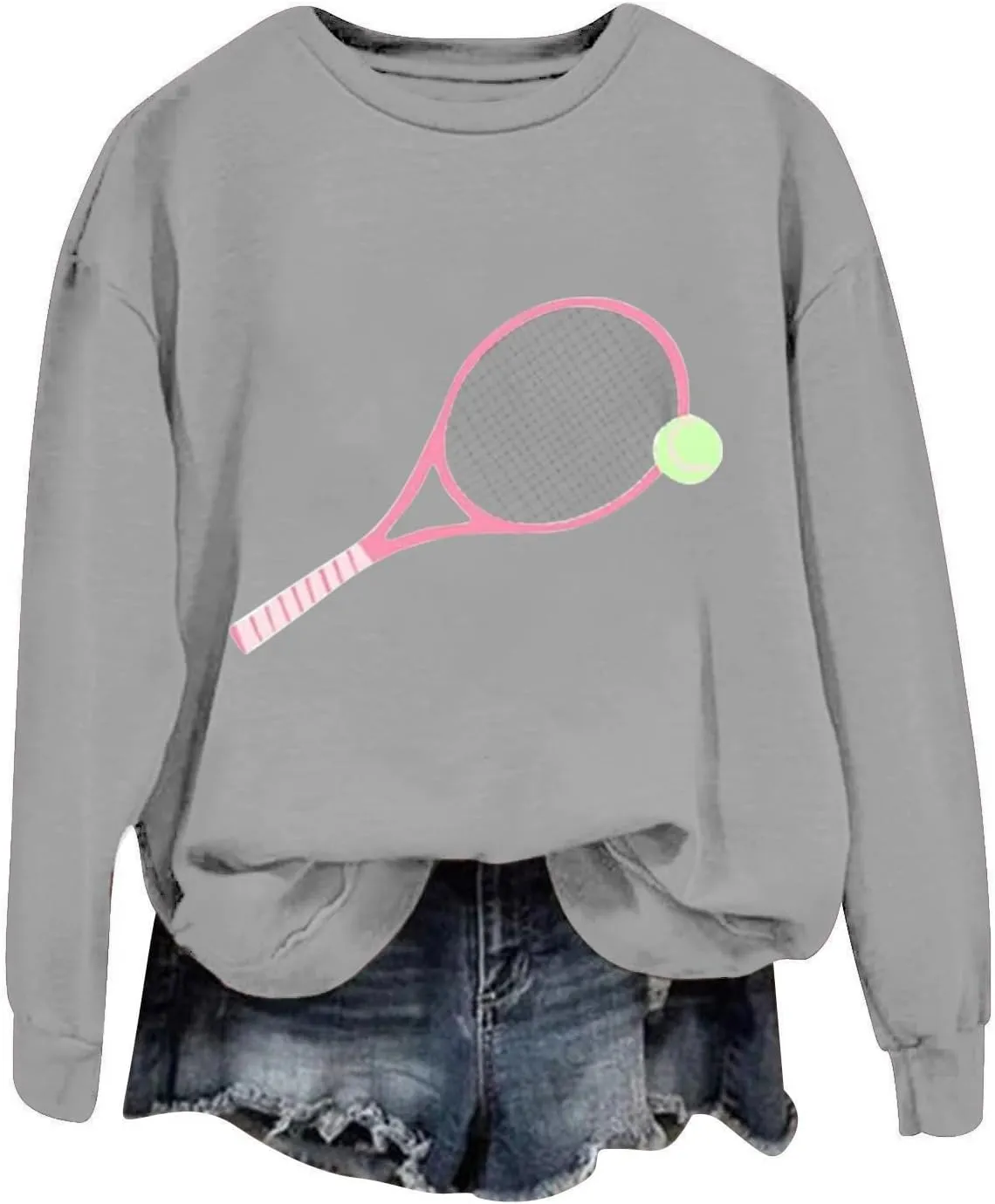 Womens Soprts Tops Tennis Printed Loose Crewneck Long Sleeve Lightweight Pullover Sweatshirt Fall Casual Active Hoodie