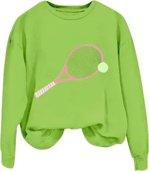 Womens Soprts Tops Tennis Printed Loose Crewneck Long Sleeve Lightweight Pullover Sweatshirt Fall Casual Active Hoodie