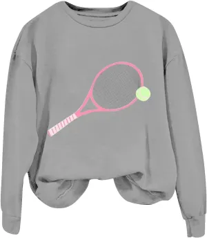 Womens Soprts Tops Tennis Printed Loose Crewneck Long Sleeve Lightweight Pullover Sweatshirt Fall Casual Active Hoodie