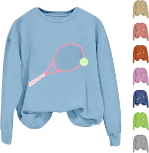 Womens Soprts Tops Tennis Printed Loose Crewneck Long Sleeve Lightweight Pullover Sweatshirt Fall Casual Active Hoodie