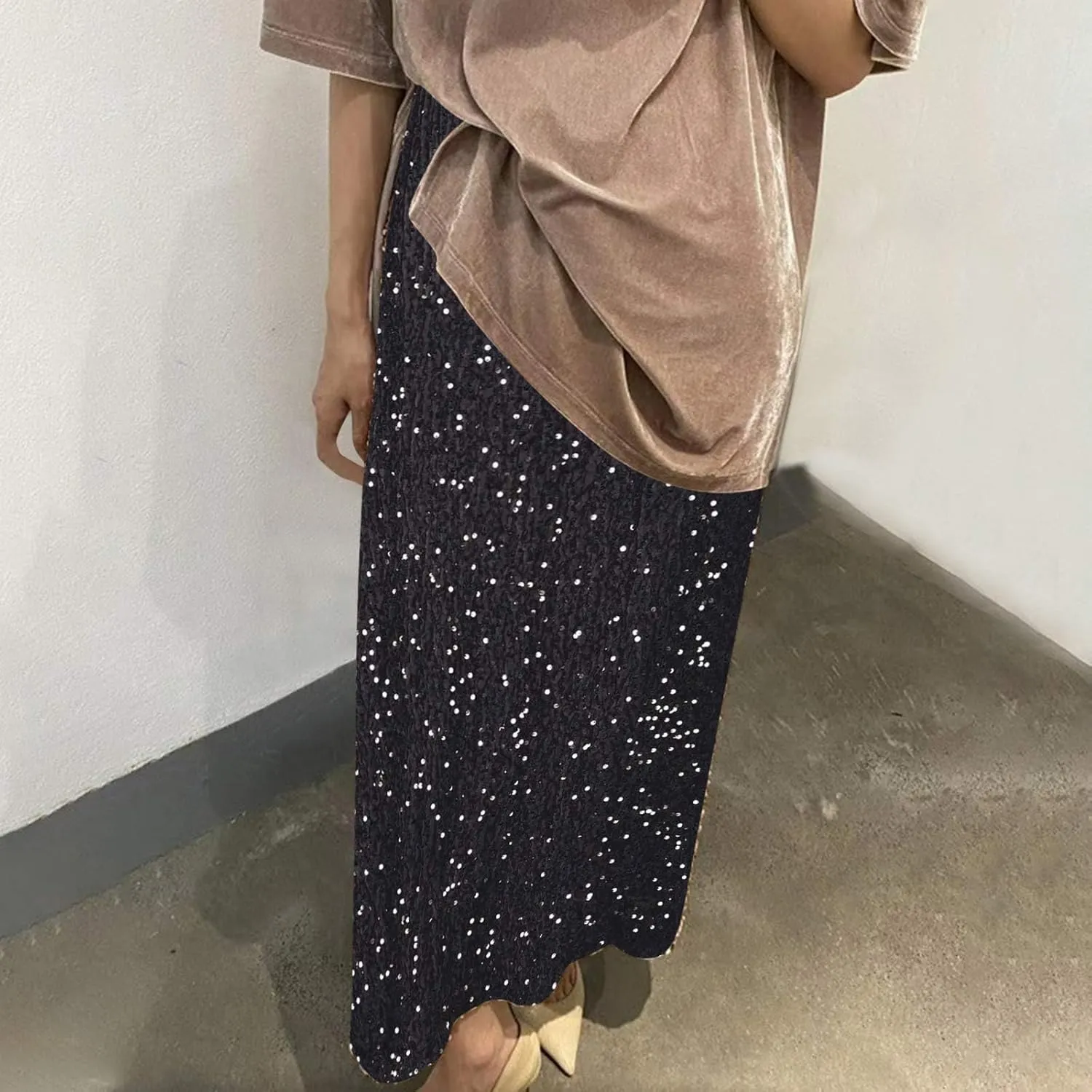 Womens Sparkly Sequin Long Skirt High Elastic Waist Glitter Sparkle A Line Maxi Skirt Night Out Party Wear for Ladies