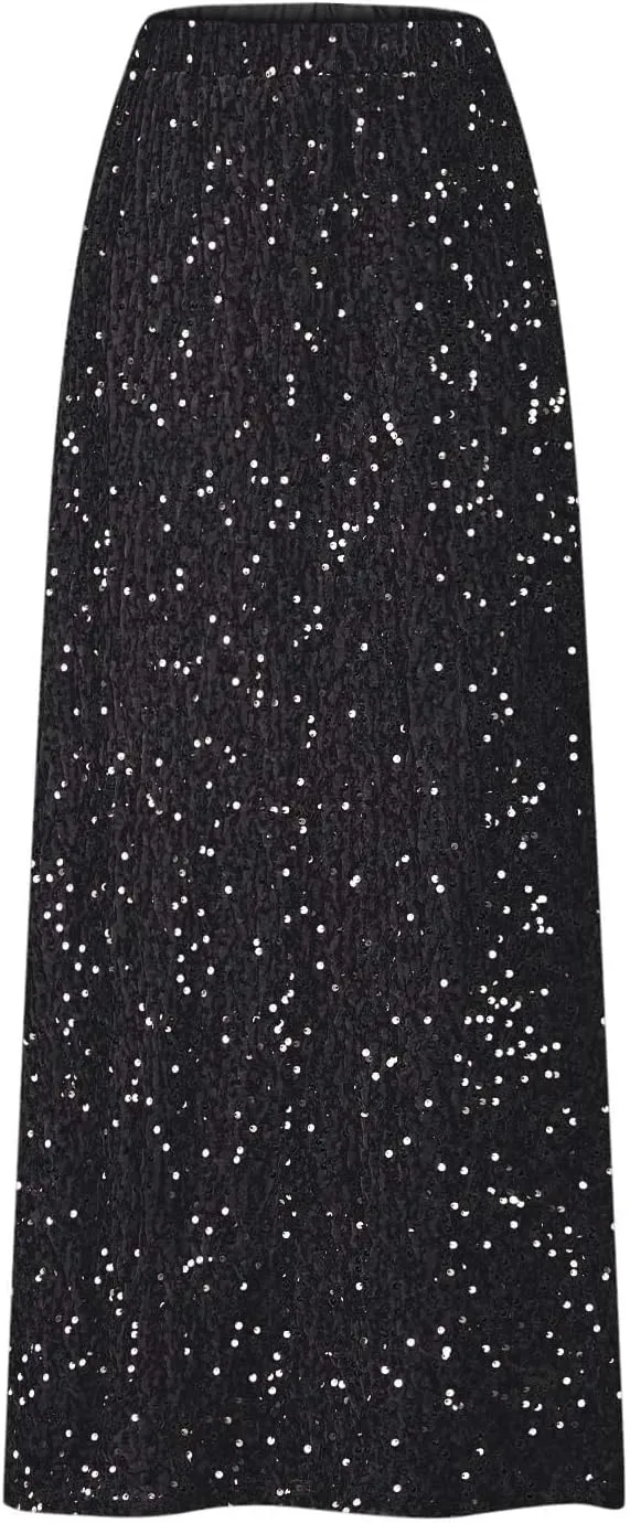 Womens Sparkly Sequin Long Skirt High Elastic Waist Glitter Sparkle A Line Maxi Skirt Night Out Party Wear for Ladies