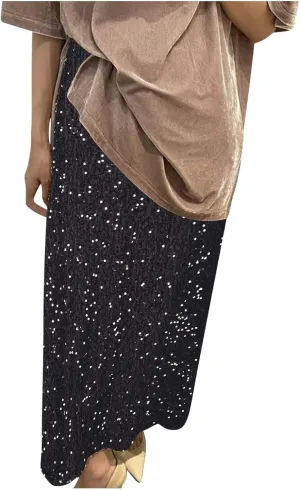 Womens Sparkly Sequin Long Skirt High Elastic Waist Glitter Sparkle A Line Maxi Skirt Night Out Party Wear for Ladies