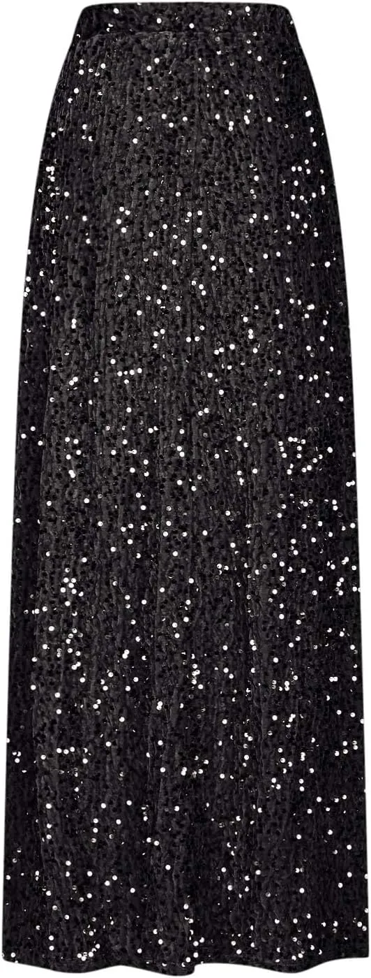 Womens Sparkly Sequin Long Skirt High Elastic Waist Glitter Sparkle A Line Maxi Skirt Night Out Party Wear for Ladies