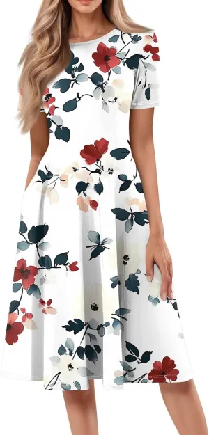Womens Spring Dress Casual Short Sleeve Midi Dresses Round Neck Floral Print Pleated A Line Boho Flowy Beach Sundress