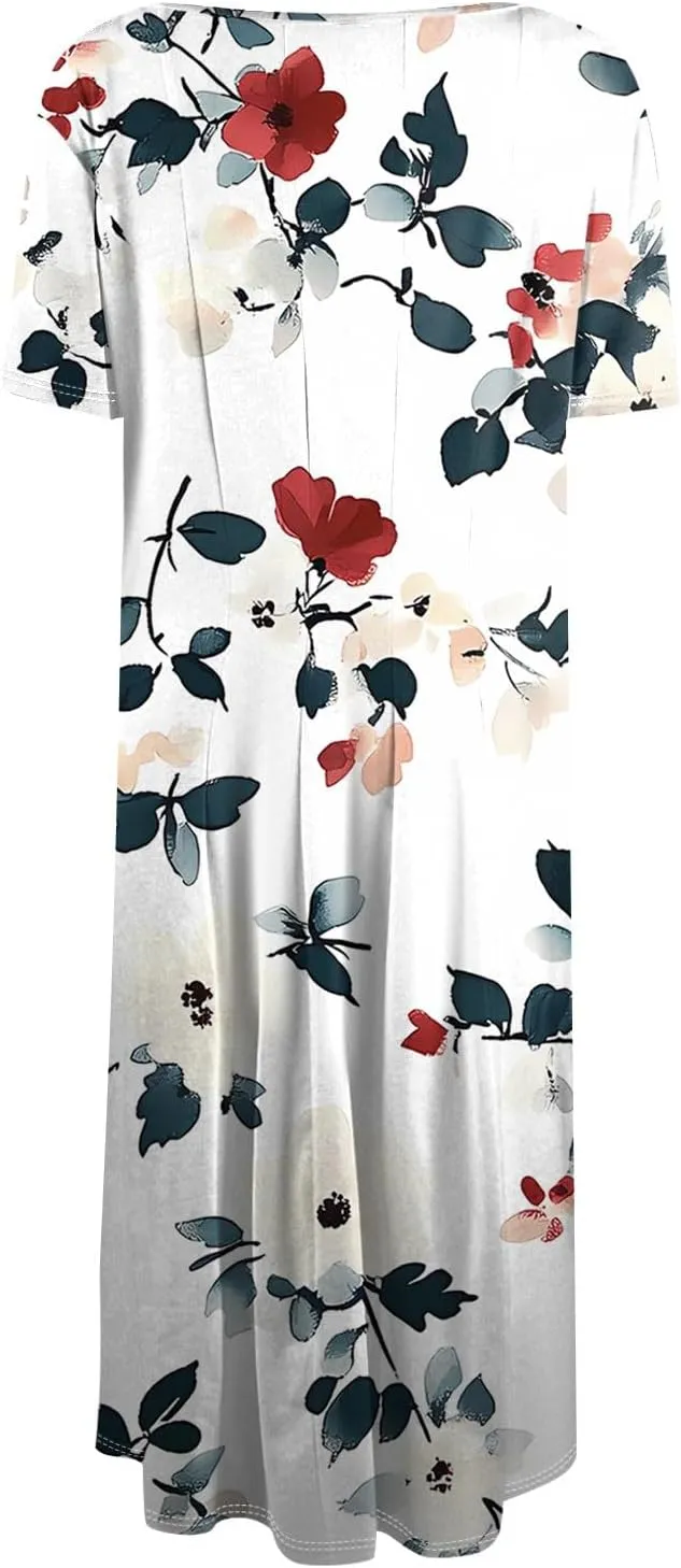 Womens Spring Dress Casual Short Sleeve Midi Dresses Round Neck Floral Print Pleated A Line Boho Flowy Beach Sundress