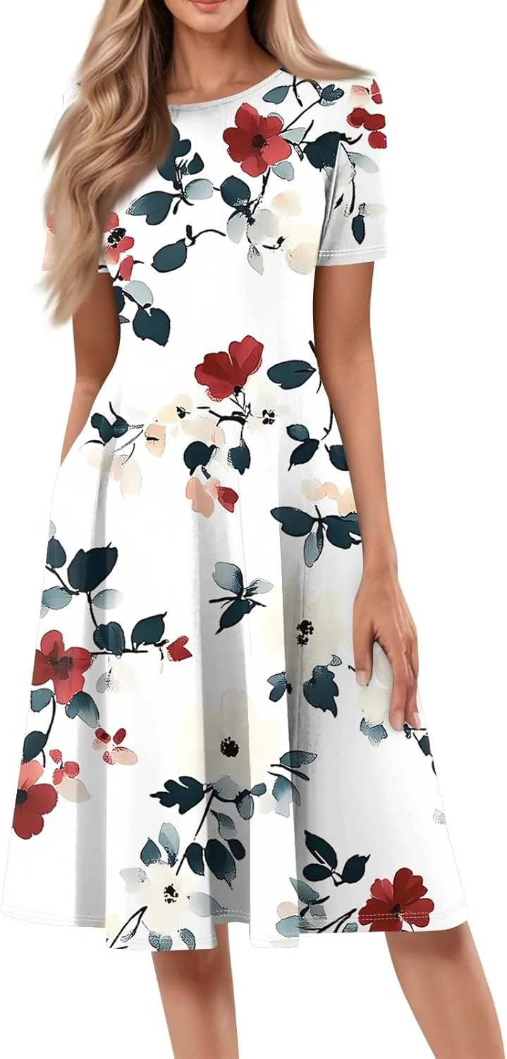 Womens Spring Dress Casual Short Sleeve Midi Dresses Round Neck Floral Print Pleated A Line Boho Flowy Beach Sundress