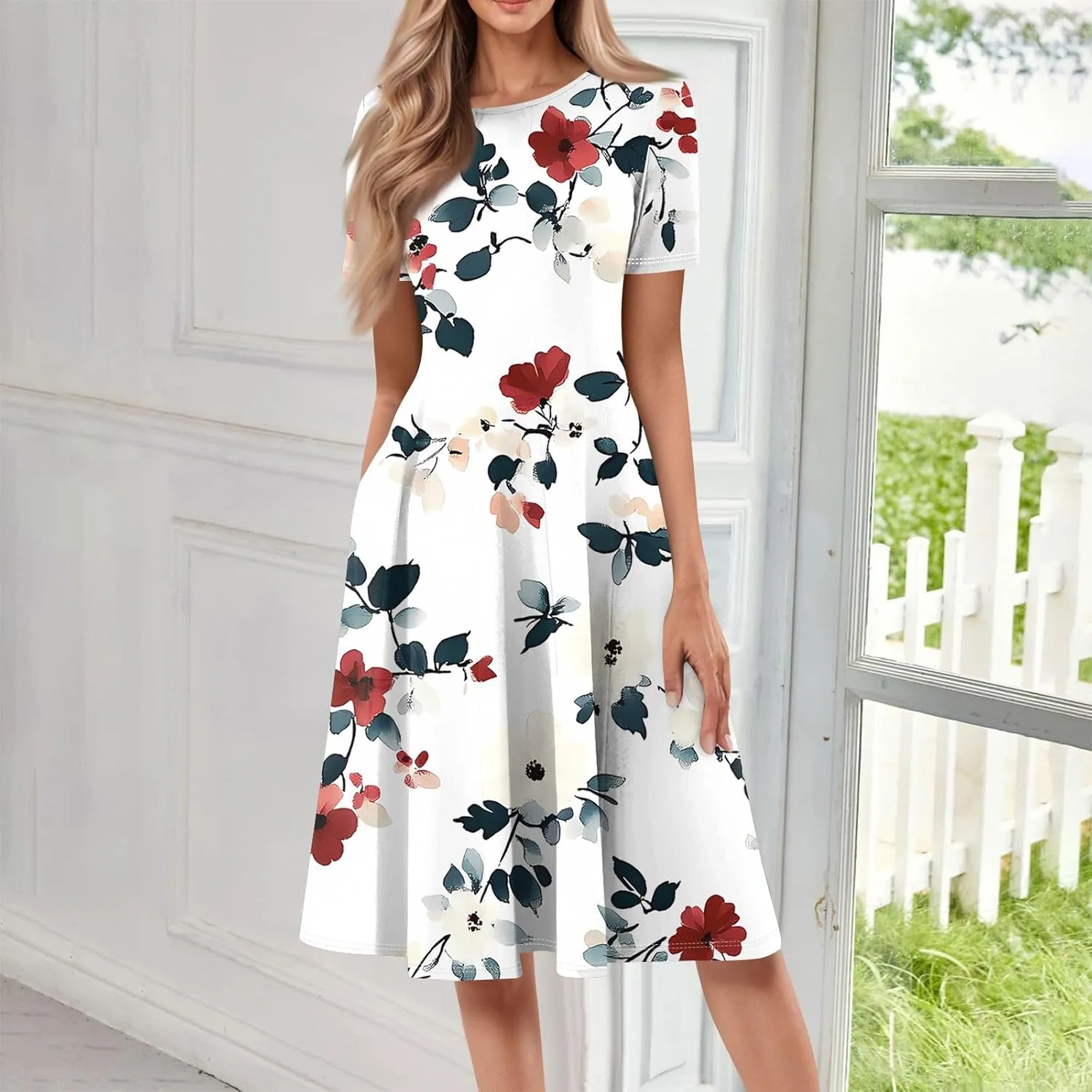 Womens Spring Dress Casual Short Sleeve Midi Dresses Round Neck Floral Print Pleated A Line Boho Flowy Beach Sundress
