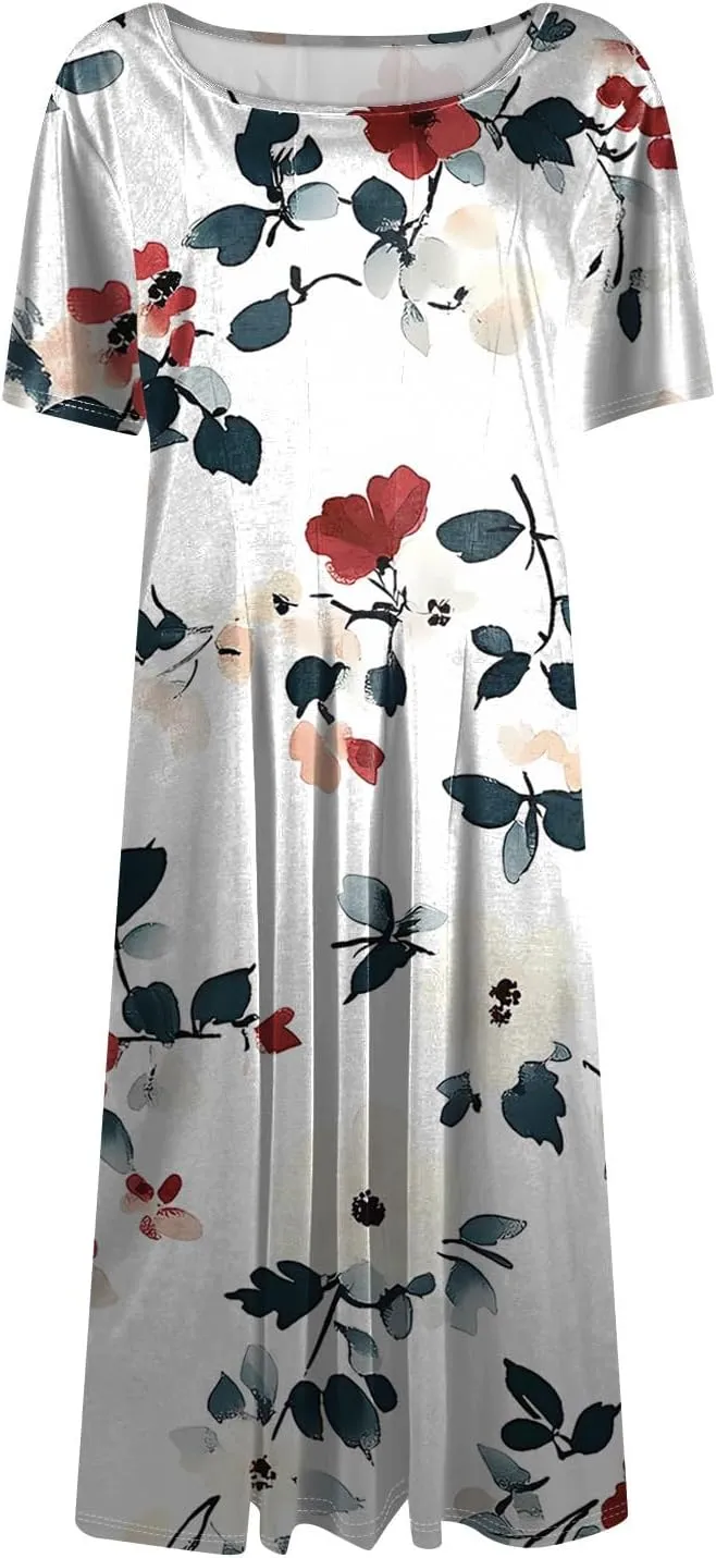 Womens Spring Dress Casual Short Sleeve Midi Dresses Round Neck Floral Print Pleated A Line Boho Flowy Beach Sundress