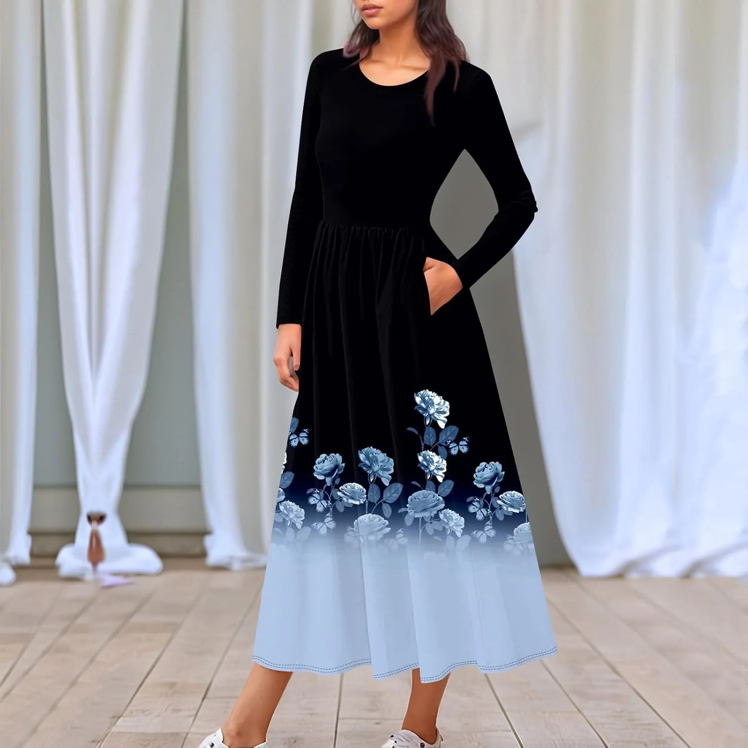Womens Spring Fashion 2025 Dress Long Sleeve O Neck Midi Elegant Tea Length Summer Trendy Fitted Dressy Dress
