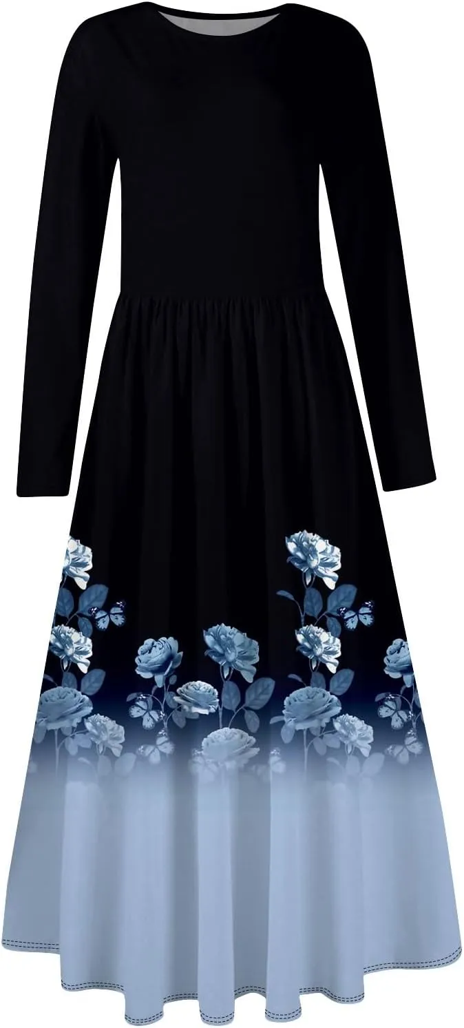 Womens Spring Fashion 2025 Dress Long Sleeve O Neck Midi Elegant Tea Length Summer Trendy Fitted Dressy Dress