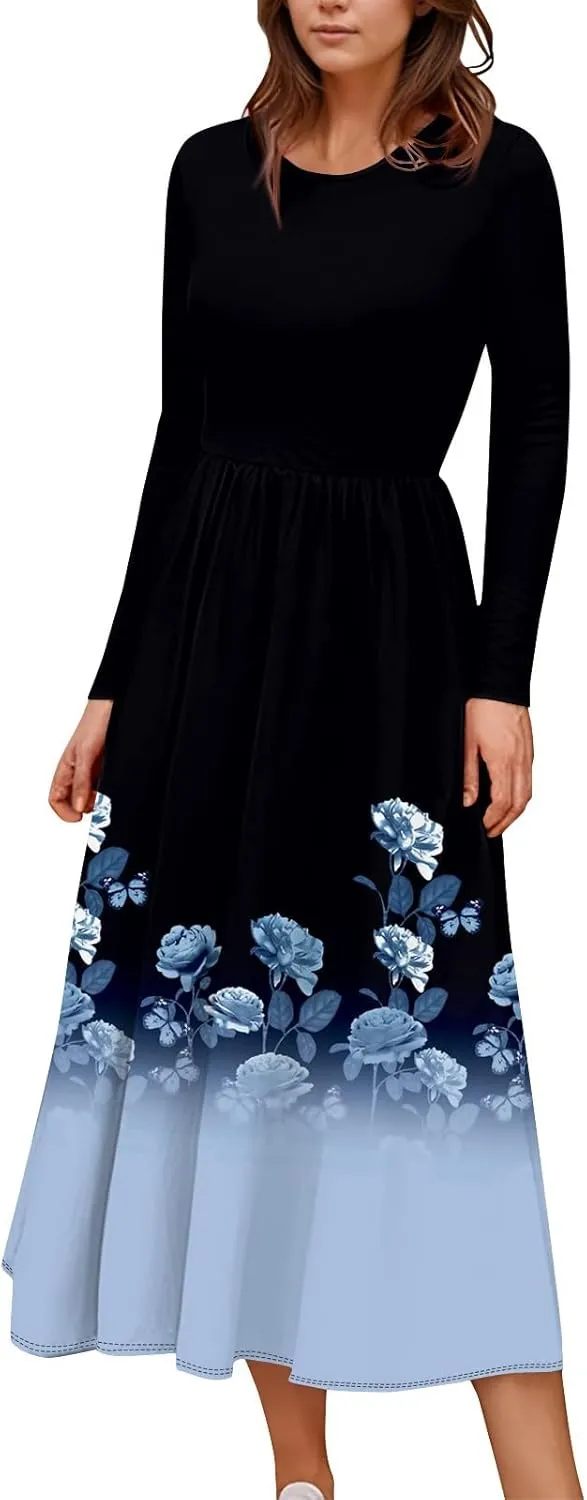 Womens Spring Fashion 2025 Dress Long Sleeve O Neck Midi Elegant Tea Length Summer Trendy Fitted Dressy Dress