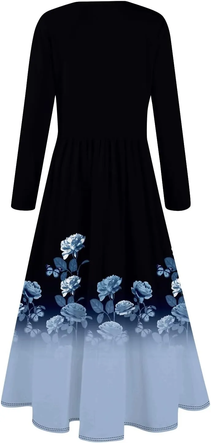 Womens Spring Fashion 2025 Dress Long Sleeve O Neck Midi Elegant Tea Length Summer Trendy Fitted Dressy Dress