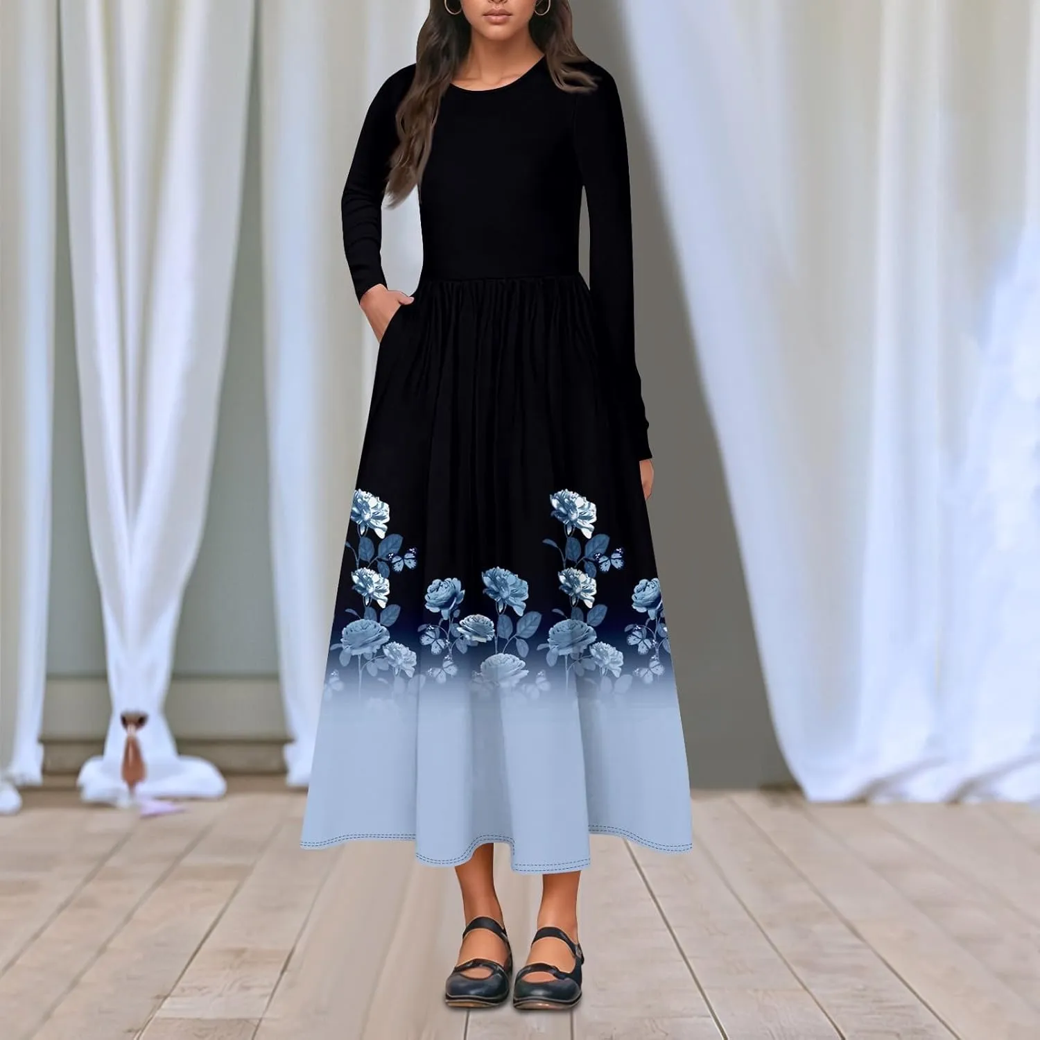 Womens Spring Fashion 2025 Dress Long Sleeve O Neck Midi Elegant Tea Length Summer Trendy Fitted Dressy Dress