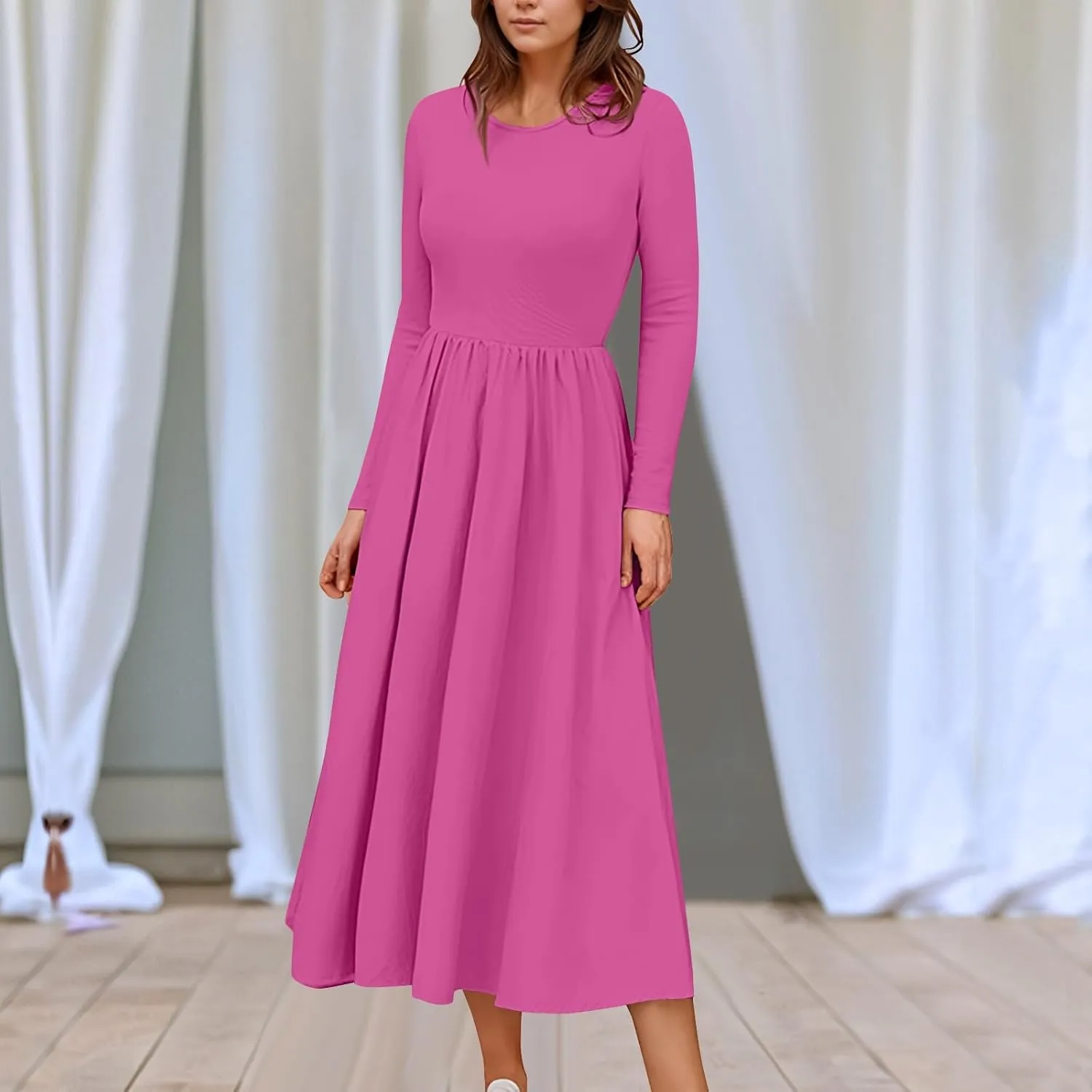 Womens Spring Fashion 2025 Dress Long Sleeve O Neck Midi Modest Boho Summer Teens Western Curvy Dress