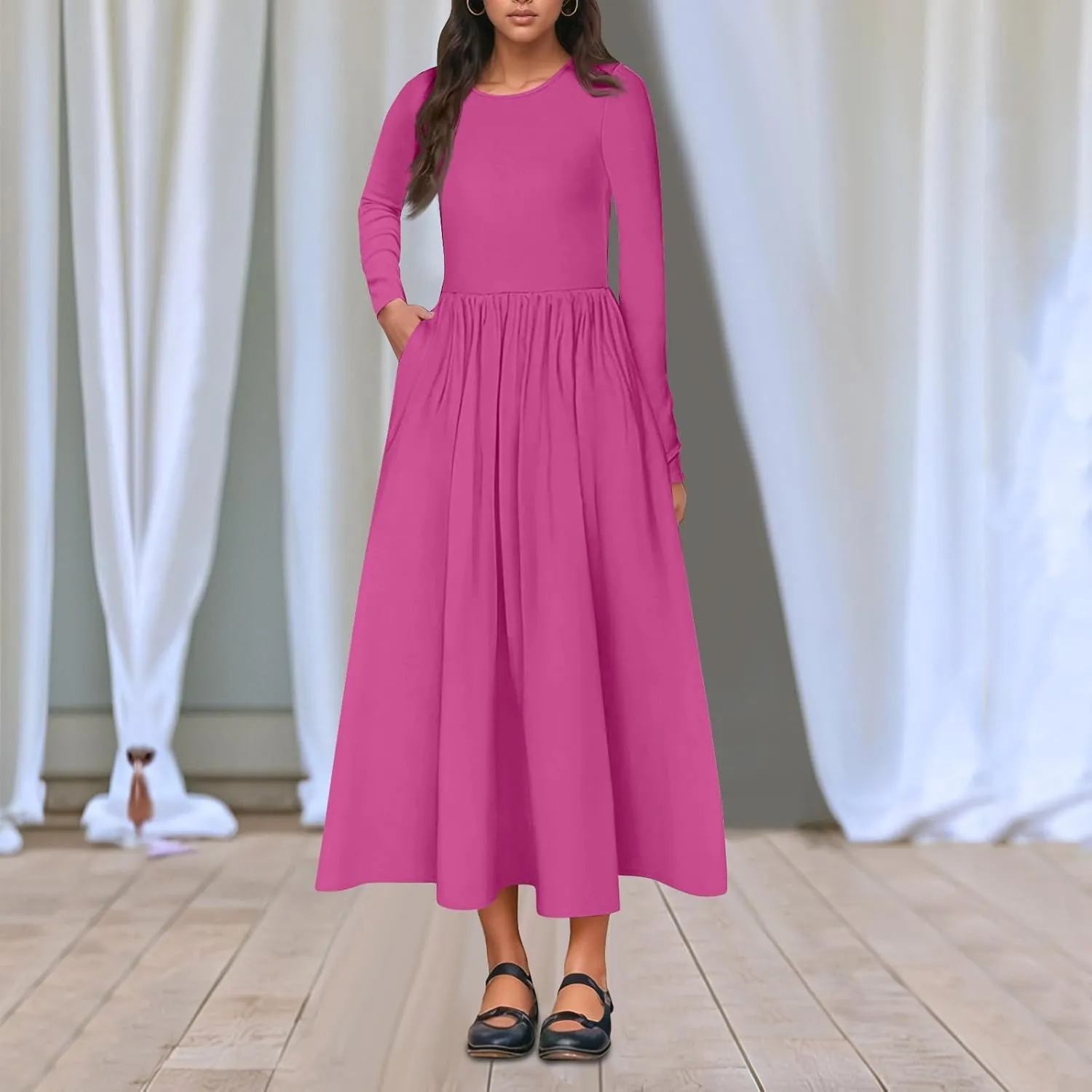 Womens Spring Fashion 2025 Dress Long Sleeve O Neck Midi Modest Boho Summer Teens Western Curvy Dress