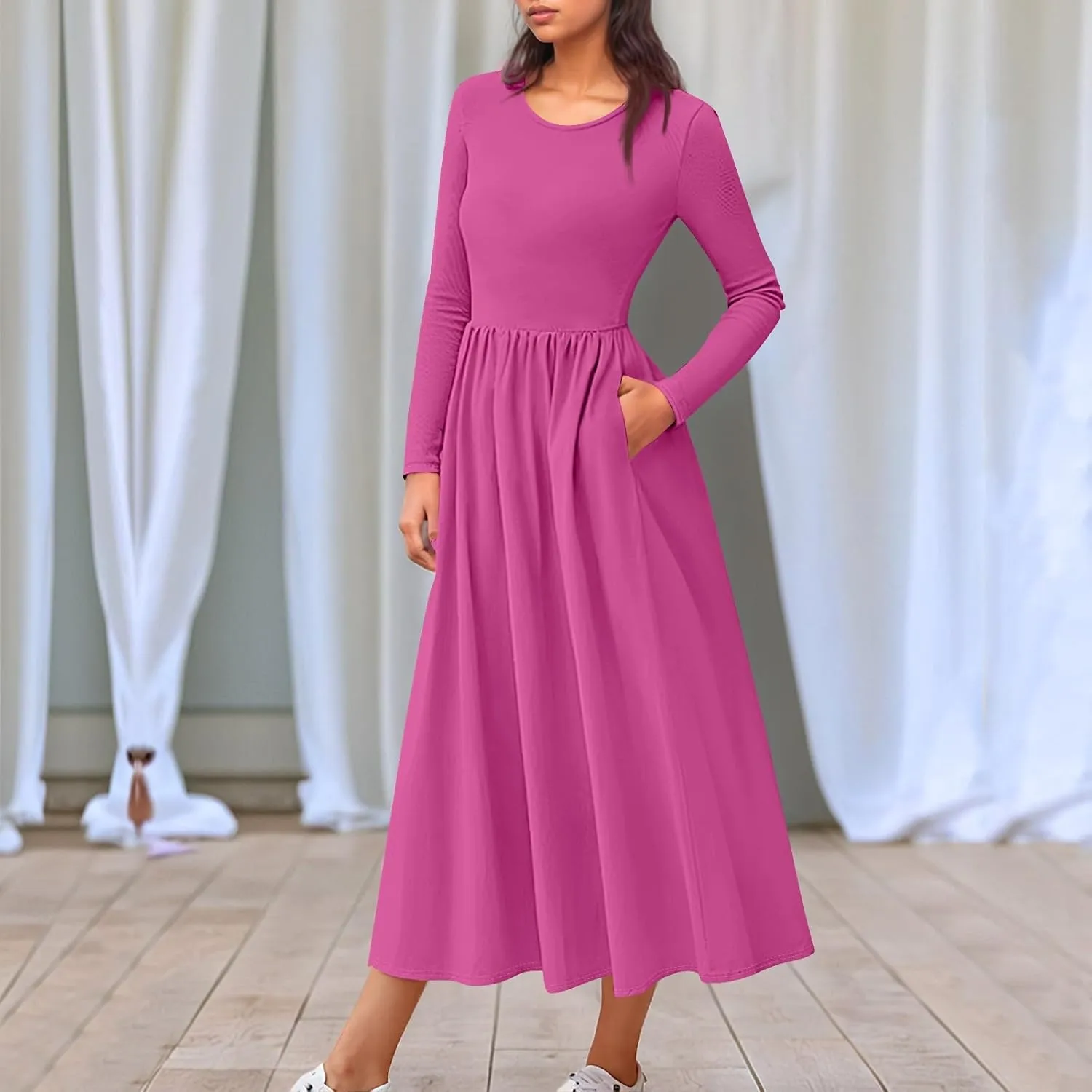 Womens Spring Fashion 2025 Dress Long Sleeve O Neck Midi Modest Boho Summer Teens Western Curvy Dress