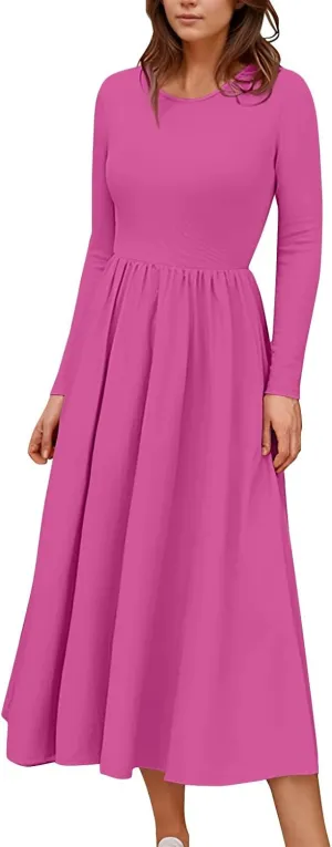 Womens Spring Fashion 2025 Dress Long Sleeve O Neck Midi Modest Boho Summer Teens Western Curvy Dress