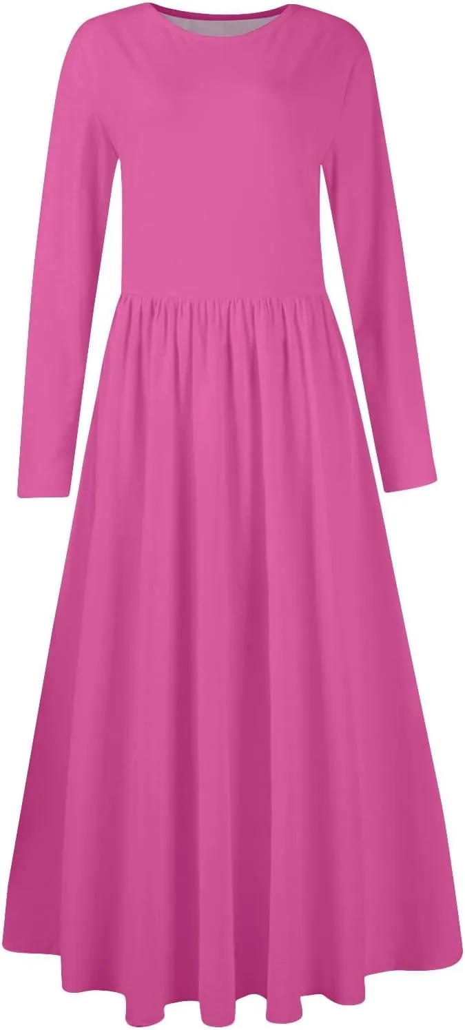 Womens Spring Fashion 2025 Dress Long Sleeve O Neck Midi Modest Boho Summer Teens Western Curvy Dress