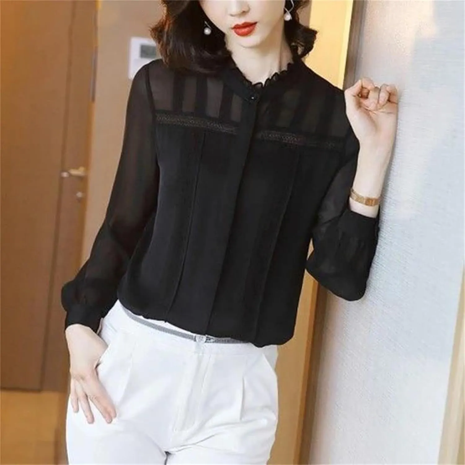 Women's Spring Summer Lace Patchwork Shirt – Elegant Long Sleeve All-Match Blouse Cardigan Top