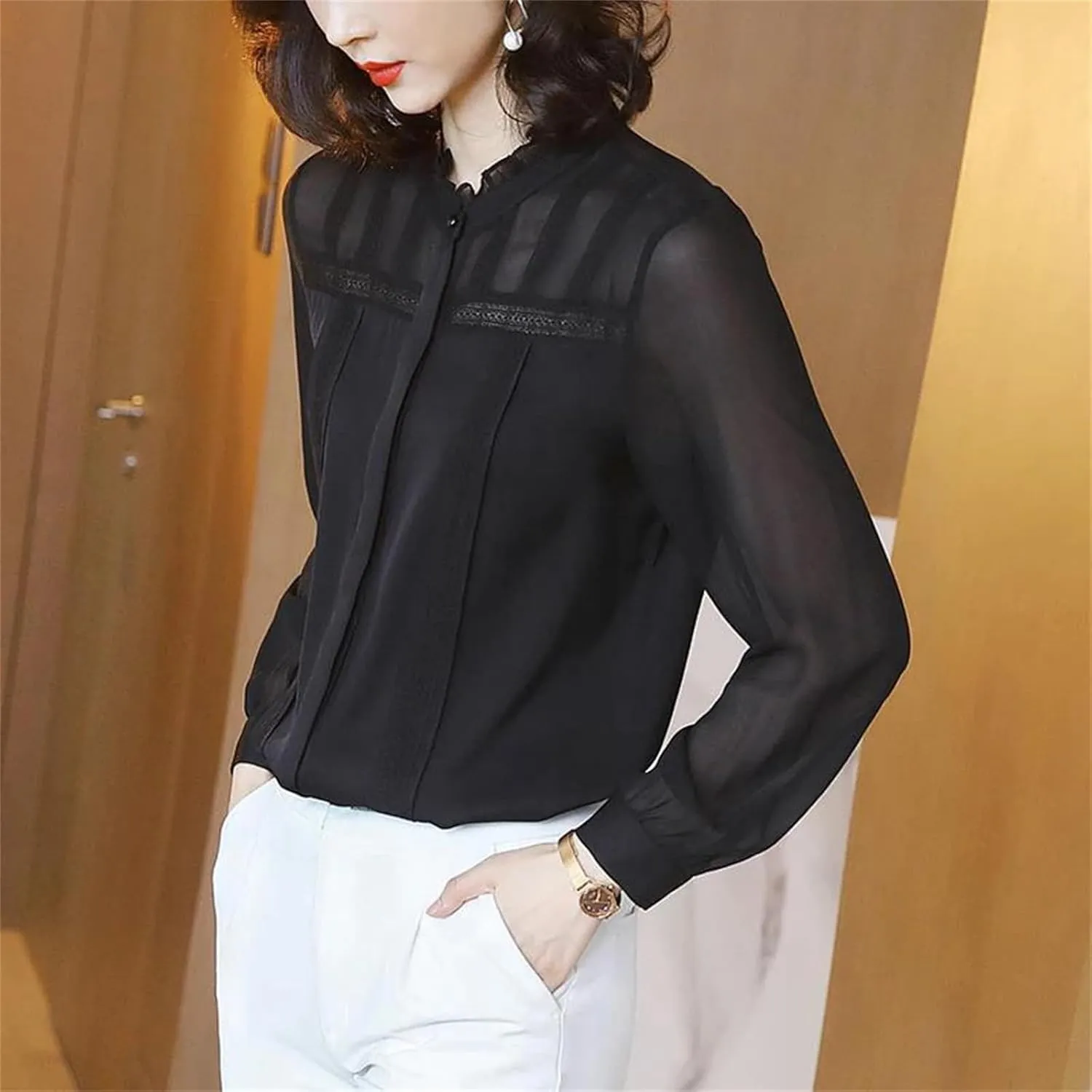 Women's Spring Summer Lace Patchwork Shirt – Elegant Long Sleeve All-Match Blouse Cardigan Top