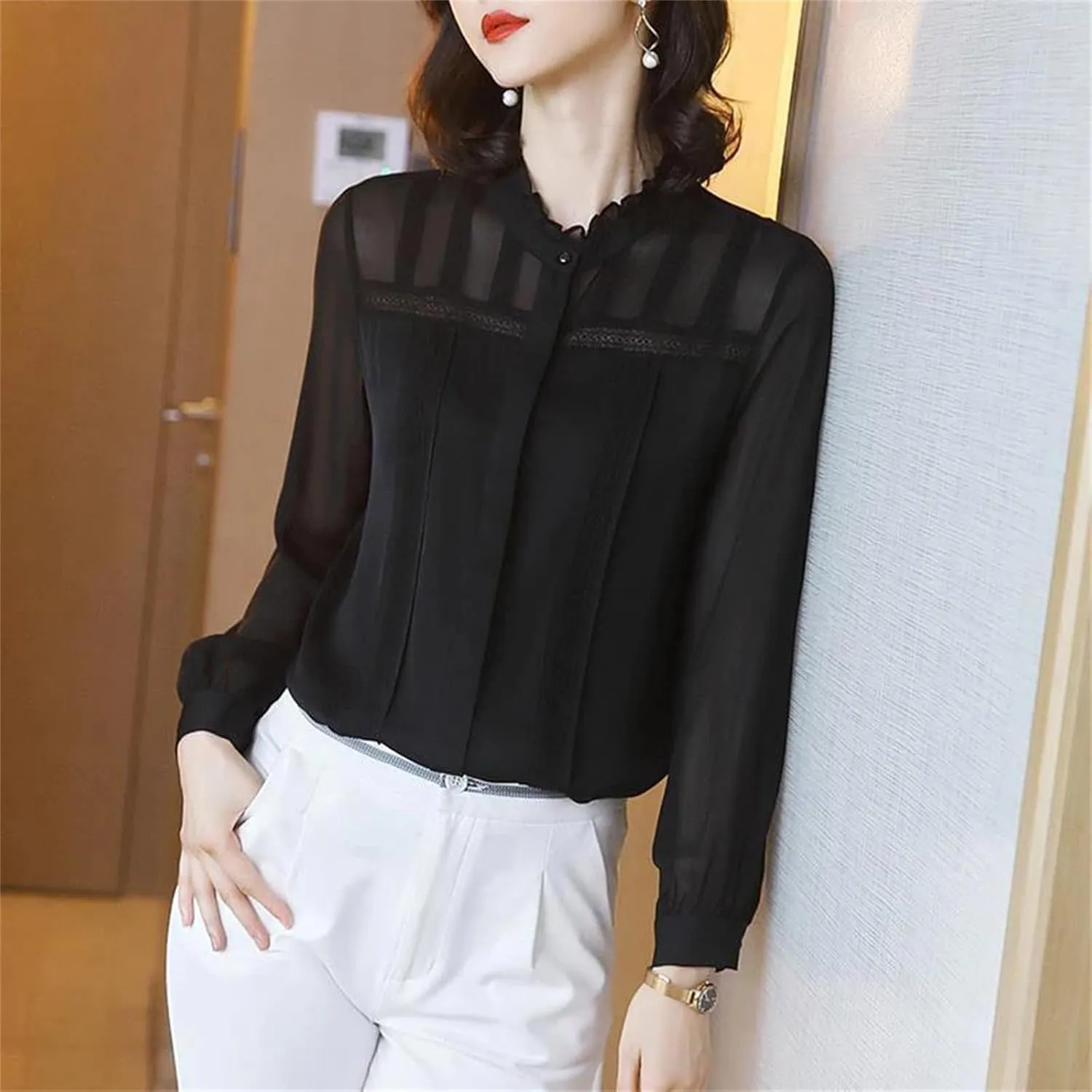 Women's Spring Summer Lace Patchwork Shirt – Elegant Long Sleeve All-Match Blouse Cardigan Top