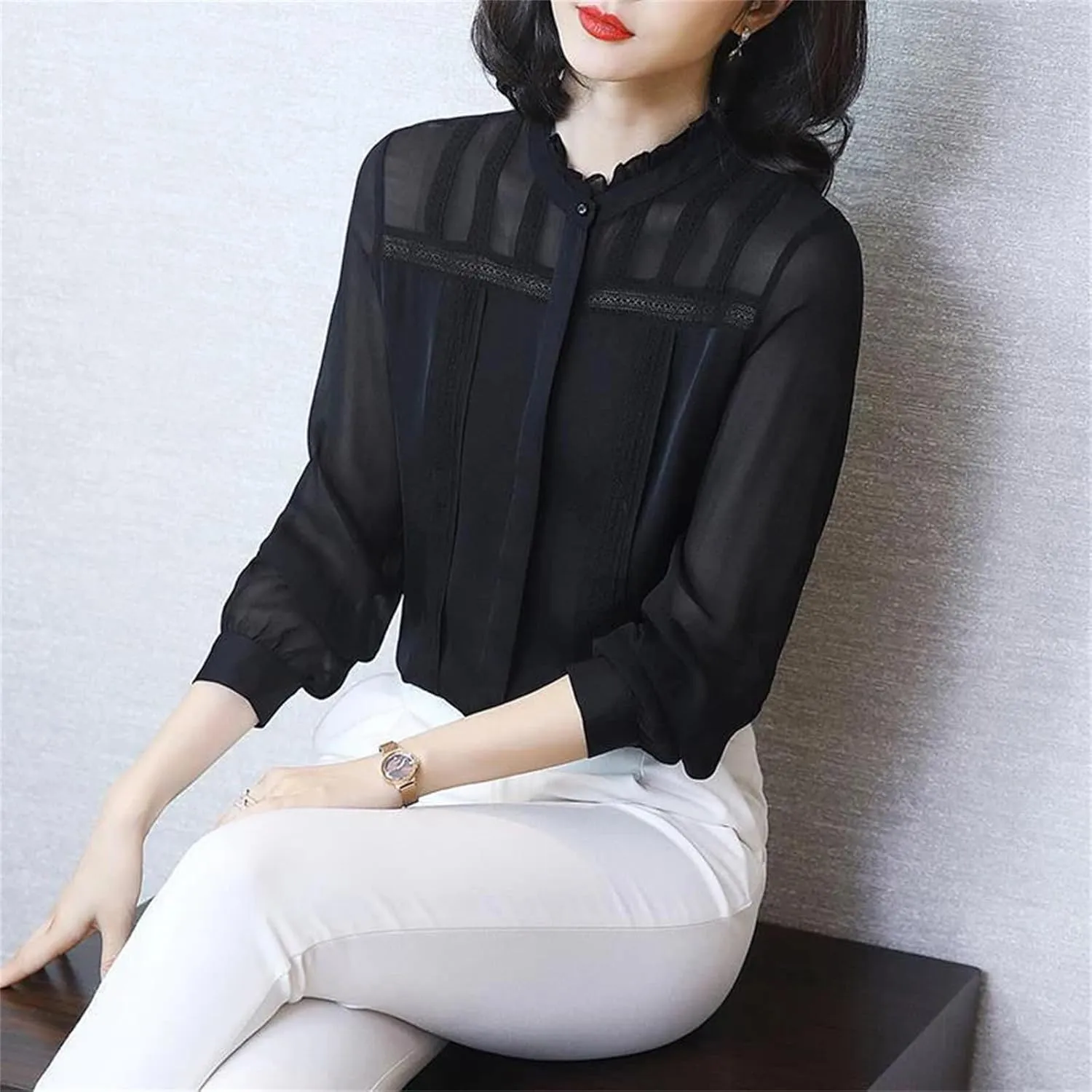 Women's Spring Summer Lace Patchwork Shirt – Elegant Long Sleeve All-Match Blouse Cardigan Top