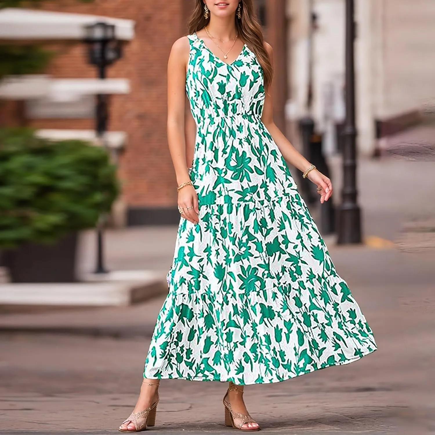 Womens Summer 2025 Casual Midi Maxi Dresses Lightweight Short Sleeve V Neck Elastic Waist Boho Beach Dress