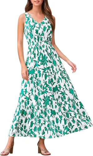 Womens Summer 2025 Casual Midi Maxi Dresses Lightweight Short Sleeve V Neck Elastic Waist Boho Beach Dress