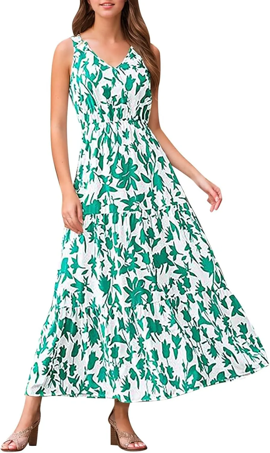 Womens Summer 2025 Casual Midi Maxi Dresses Lightweight Short Sleeve V Neck Elastic Waist Boho Beach Dress