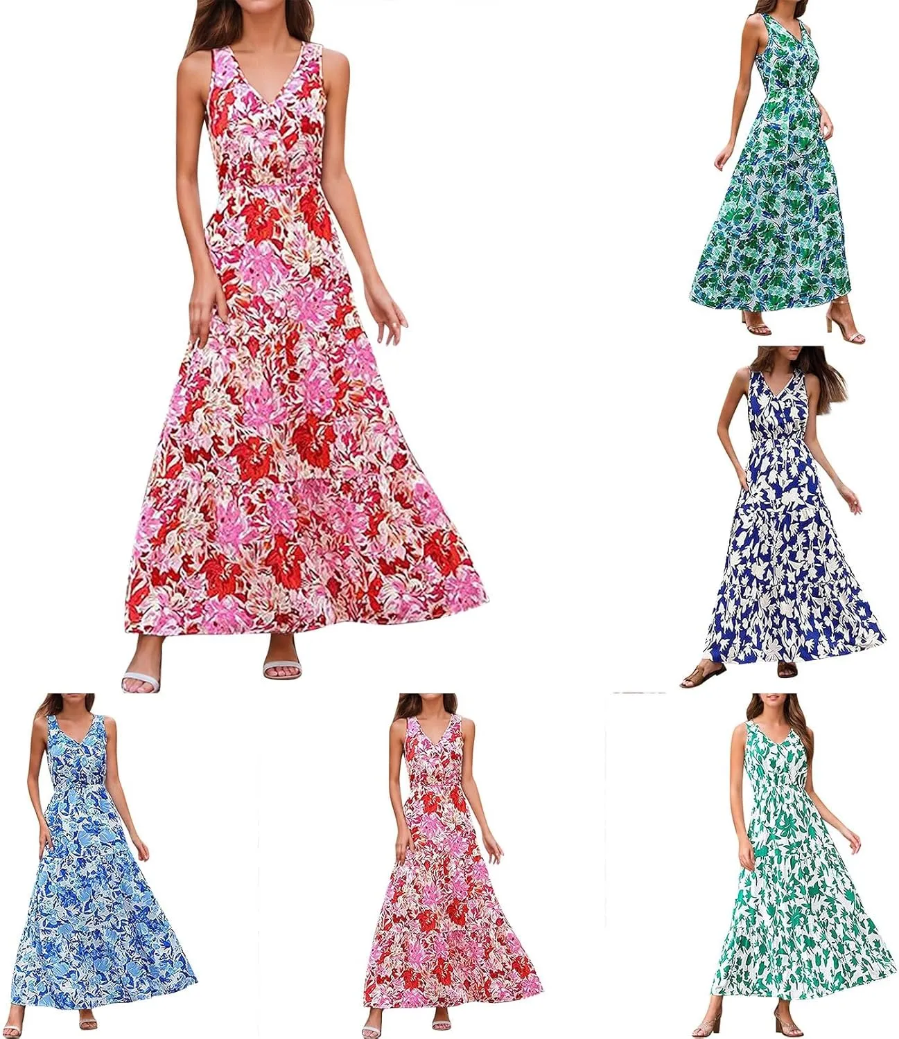 Womens Summer 2025 Casual Midi Maxi Dresses Lightweight Short Sleeve V Neck Elastic Waist Boho Beach Dress