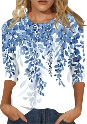 Womens Summer 3/4 Sleeve Tops 2025 Floral Print Round Neck Shirts Loose Fit Three Quarter Sleeve Tshirts