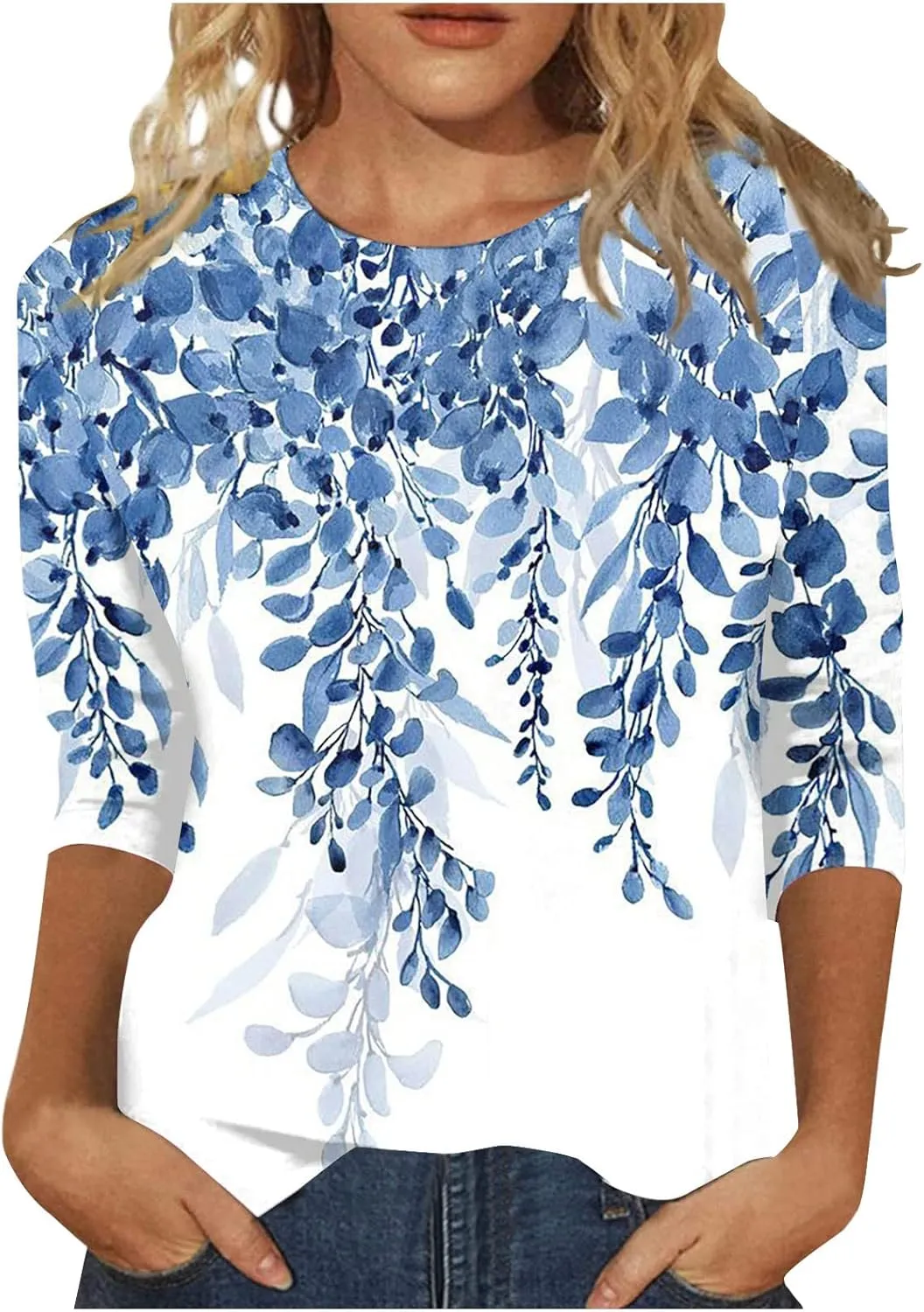 Womens Summer 3/4 Sleeve Tops 2025 Floral Print Round Neck Shirts Loose Fit Three Quarter Sleeve Tshirts