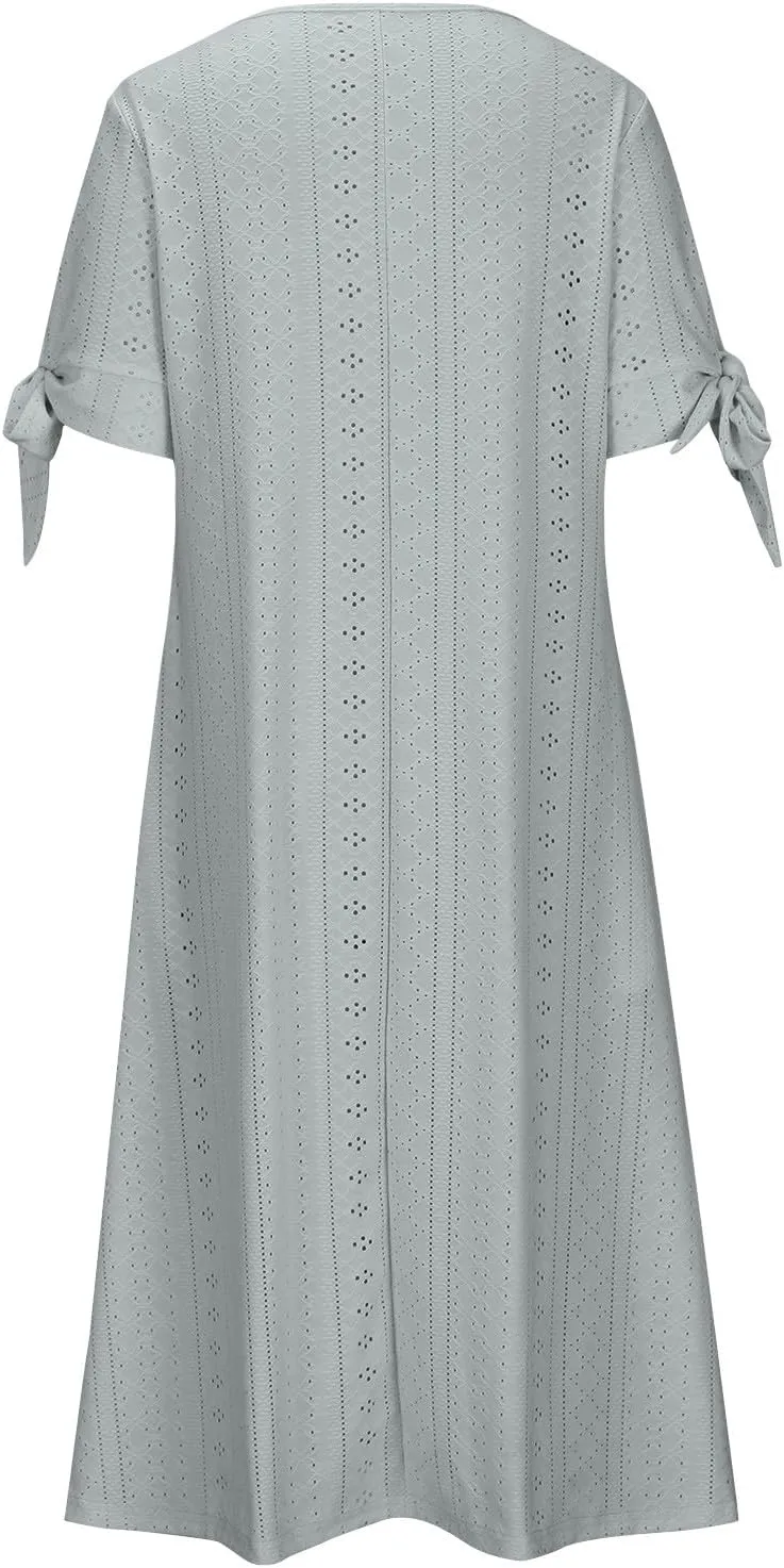 Womens Summer Casual Dresses 2025 Trendy V-Neck Button Down Hollow Out Short Sleeve Dresses Beach Vacation Sundress