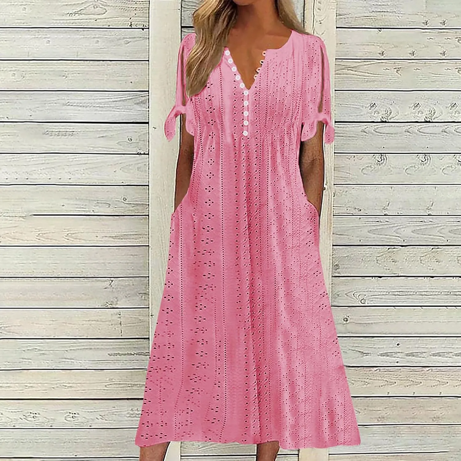 Womens Summer Casual Dresses 2025 Trendy V-Neck Button Down Hollow Out Short Sleeve Dresses Beach Vacation Sundress