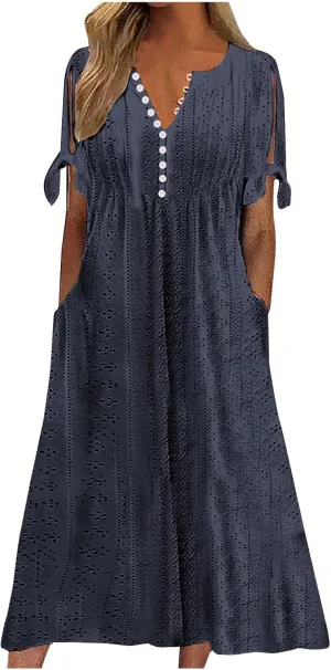 Womens Summer Casual Dresses 2025 Trendy V-Neck Button Down Hollow Out Short Sleeve Dresses Beach Vacation Sundress