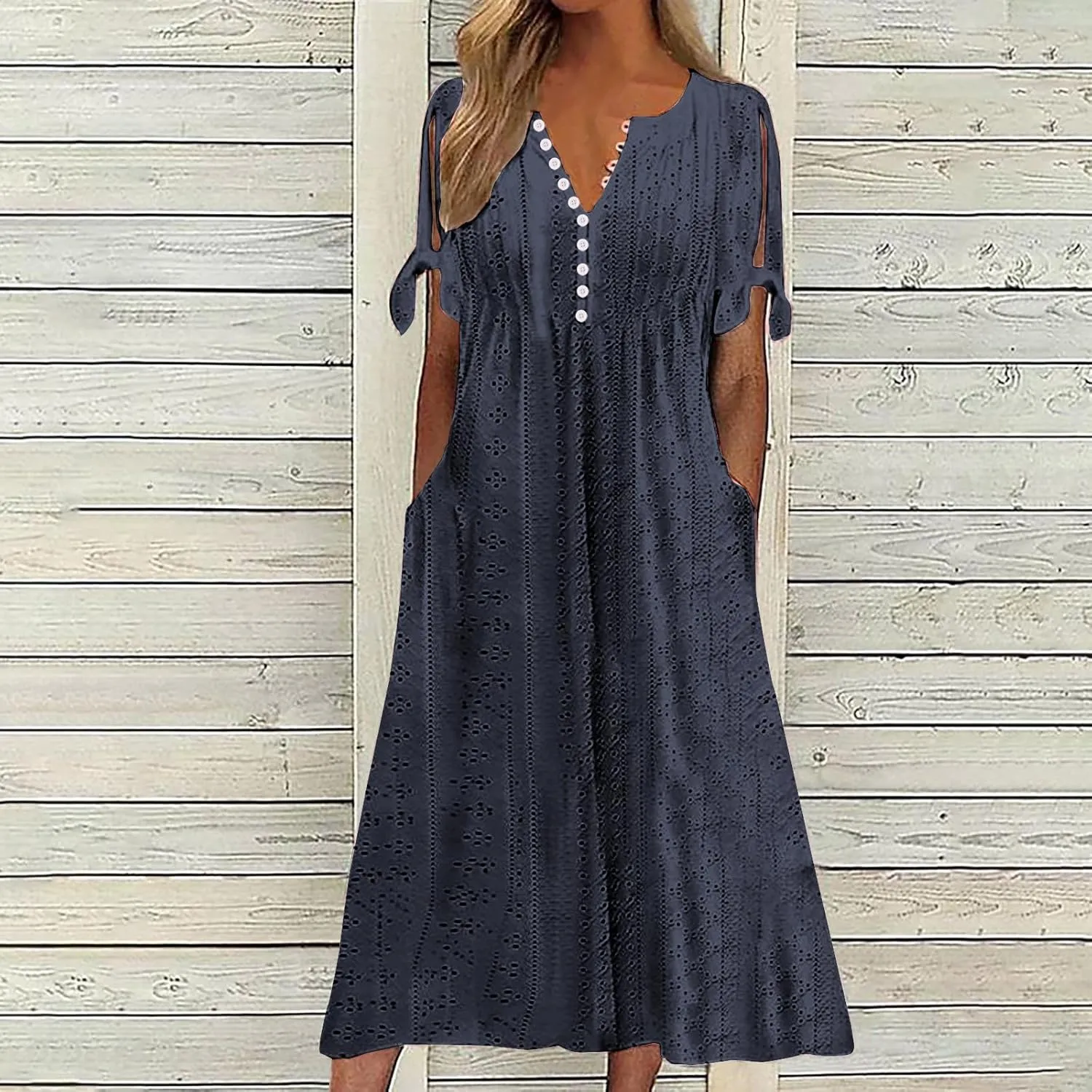 Womens Summer Casual Dresses 2025 Trendy V-Neck Button Down Hollow Out Short Sleeve Dresses Beach Vacation Sundress