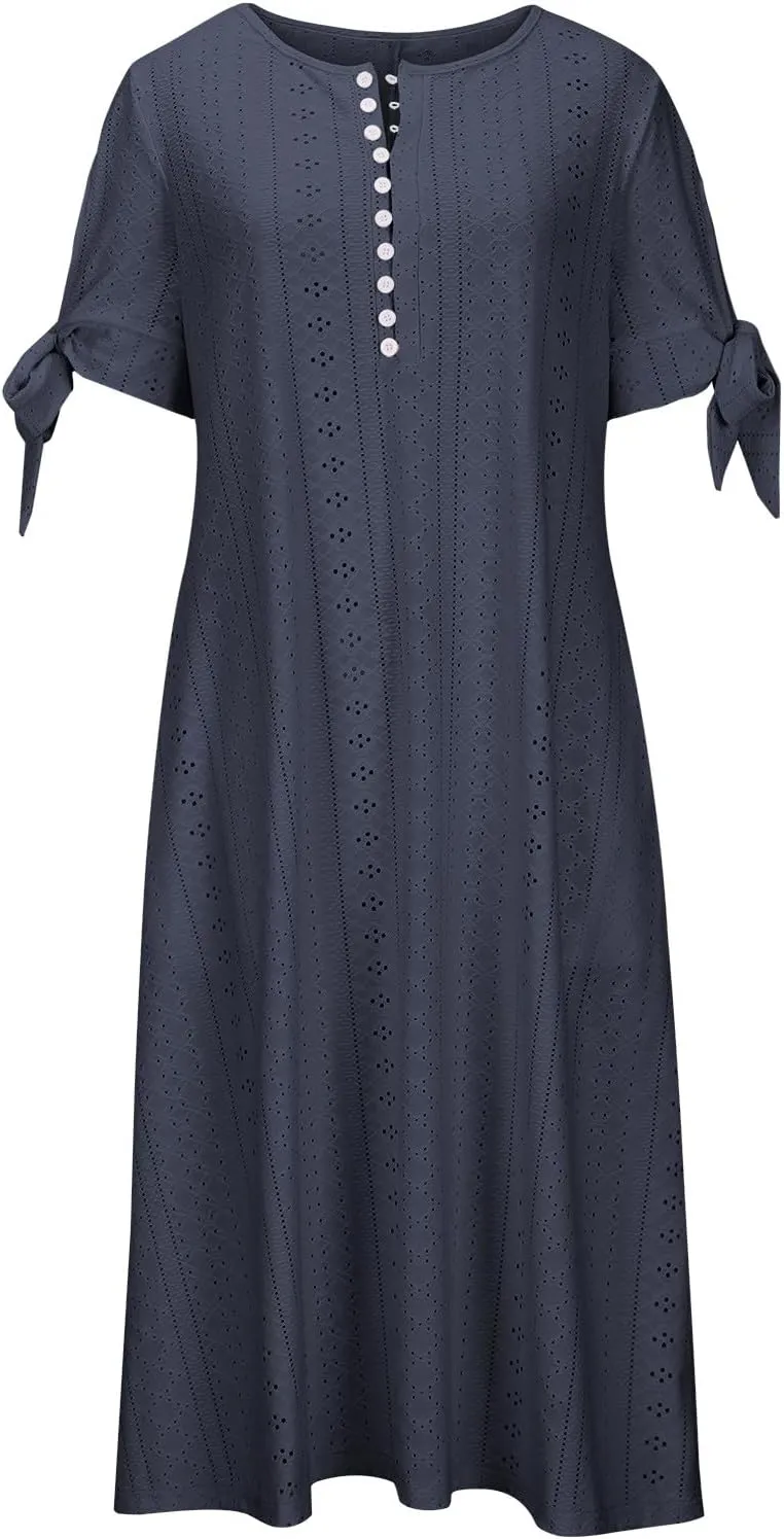 Womens Summer Casual Dresses 2025 Trendy V-Neck Button Down Hollow Out Short Sleeve Dresses Beach Vacation Sundress