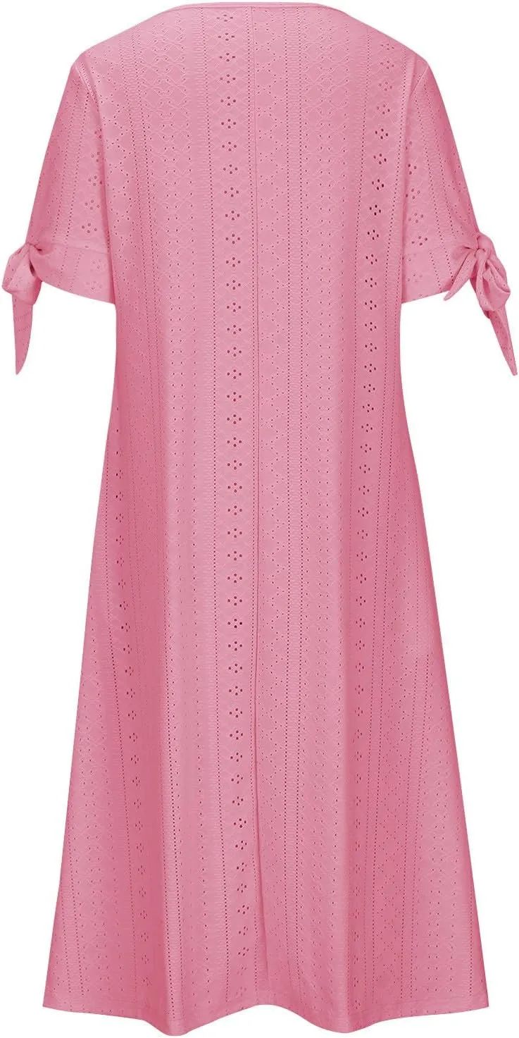 Womens Summer Casual Dresses 2025 Trendy V-Neck Button Down Hollow Out Short Sleeve Dresses Beach Vacation Sundress