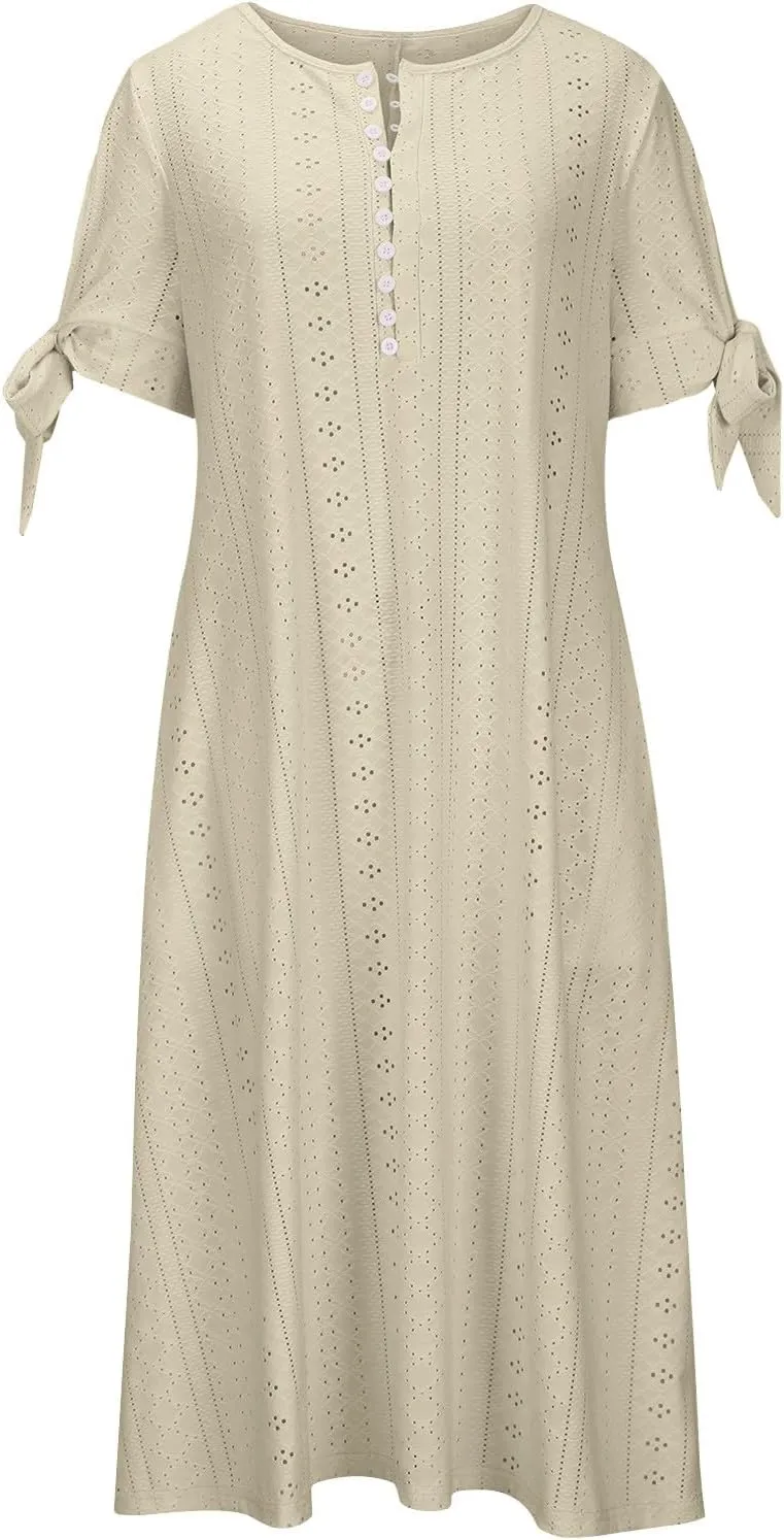 Womens Summer Casual Dresses 2025 Trendy V-Neck Button Down Hollow Out Short Sleeve Dresses Beach Vacation Sundress