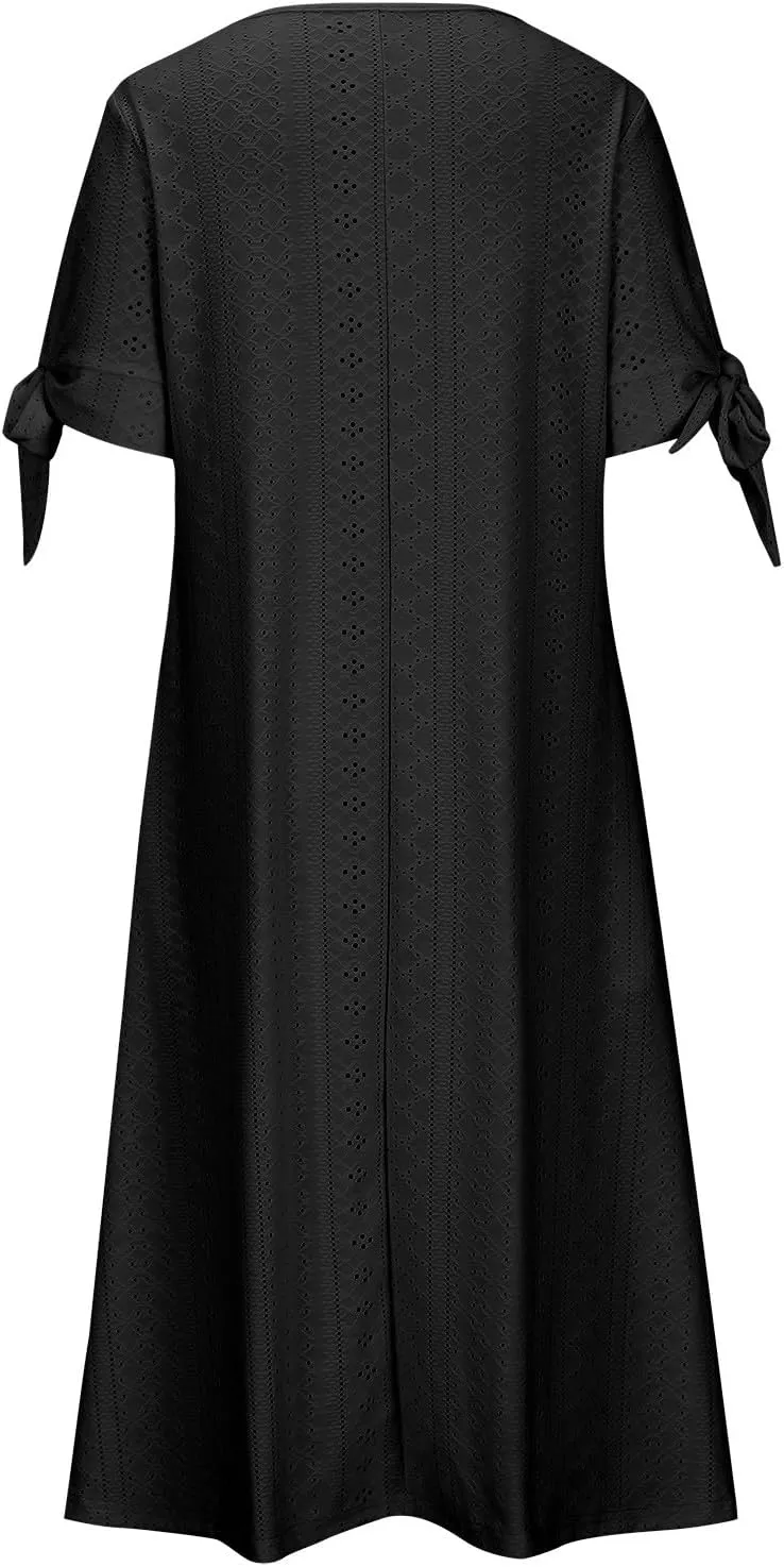 Womens Summer Casual Dresses 2025 Trendy V-Neck Button Down Hollow Out Short Sleeve Dresses Beach Vacation Sundress