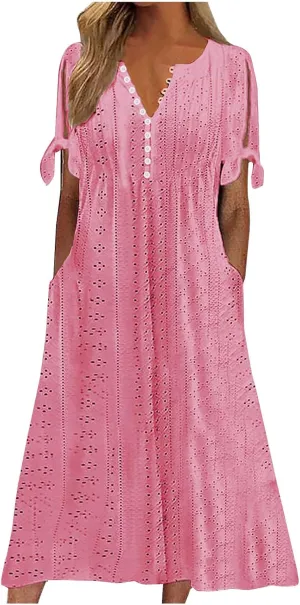 Womens Summer Casual Dresses 2025 Trendy V-Neck Button Down Hollow Out Short Sleeve Dresses Beach Vacation Sundress