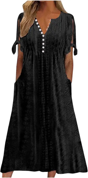 Womens Summer Casual Dresses 2025 Trendy V-Neck Button Down Hollow Out Short Sleeve Dresses Beach Vacation Sundress