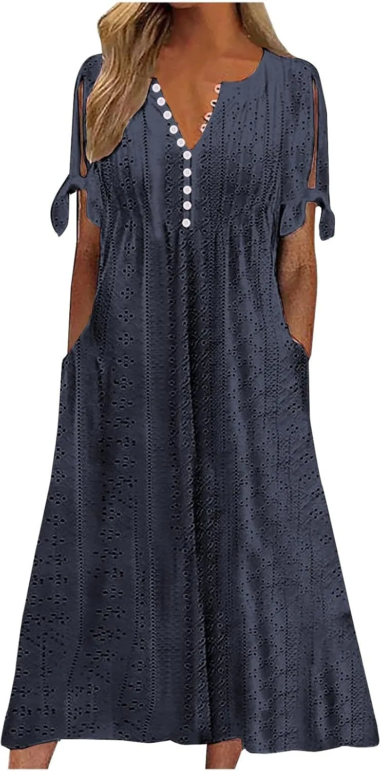 Womens Summer Casual Dresses 2025 Trendy V-Neck Button Down Hollow Out Short Sleeve Dresses Beach Vacation Sundress