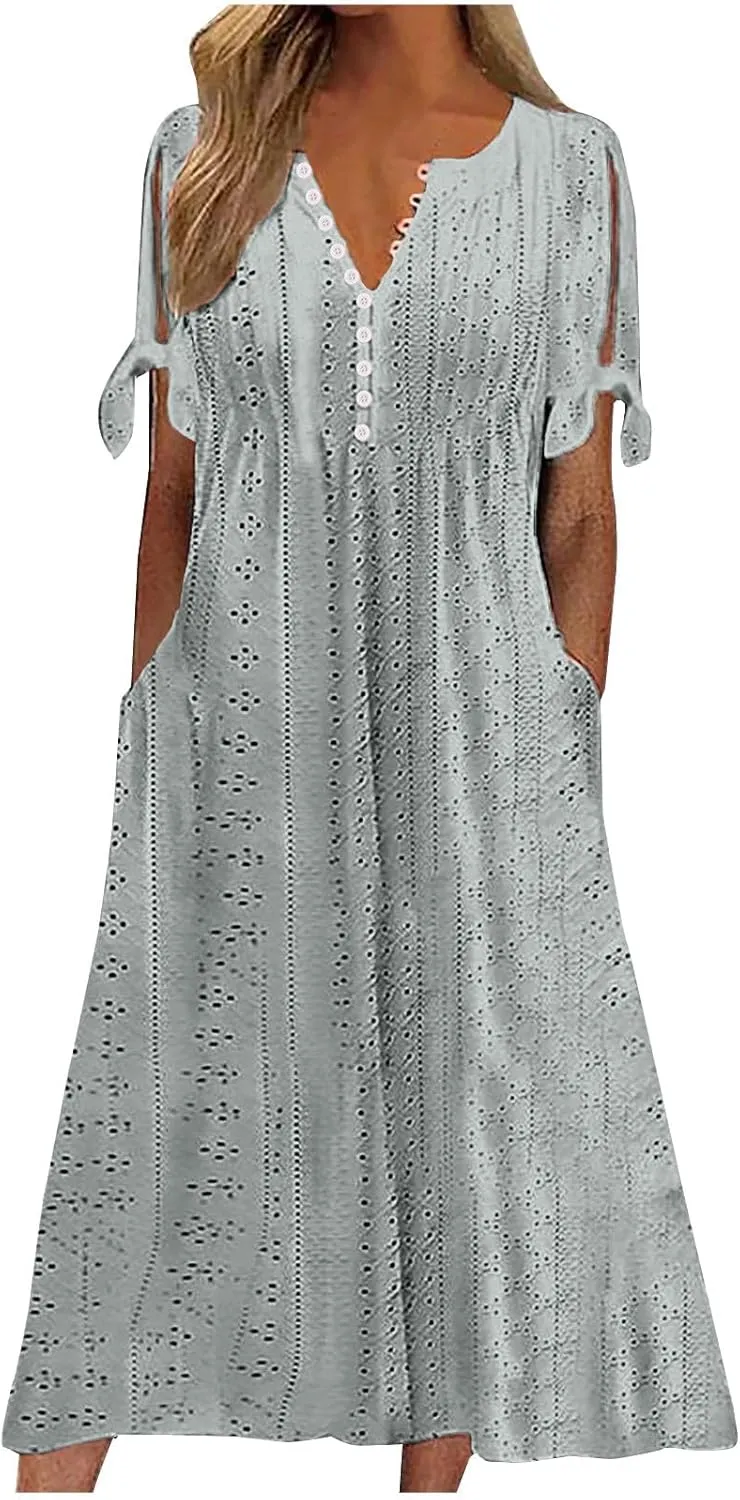 Womens Summer Casual Dresses 2025 Trendy V-Neck Button Down Hollow Out Short Sleeve Dresses Beach Vacation Sundress