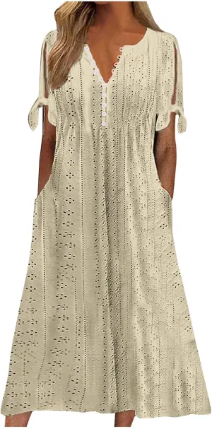 Womens Summer Casual Dresses 2025 Trendy V-Neck Button Down Hollow Out Short Sleeve Dresses Beach Vacation Sundress