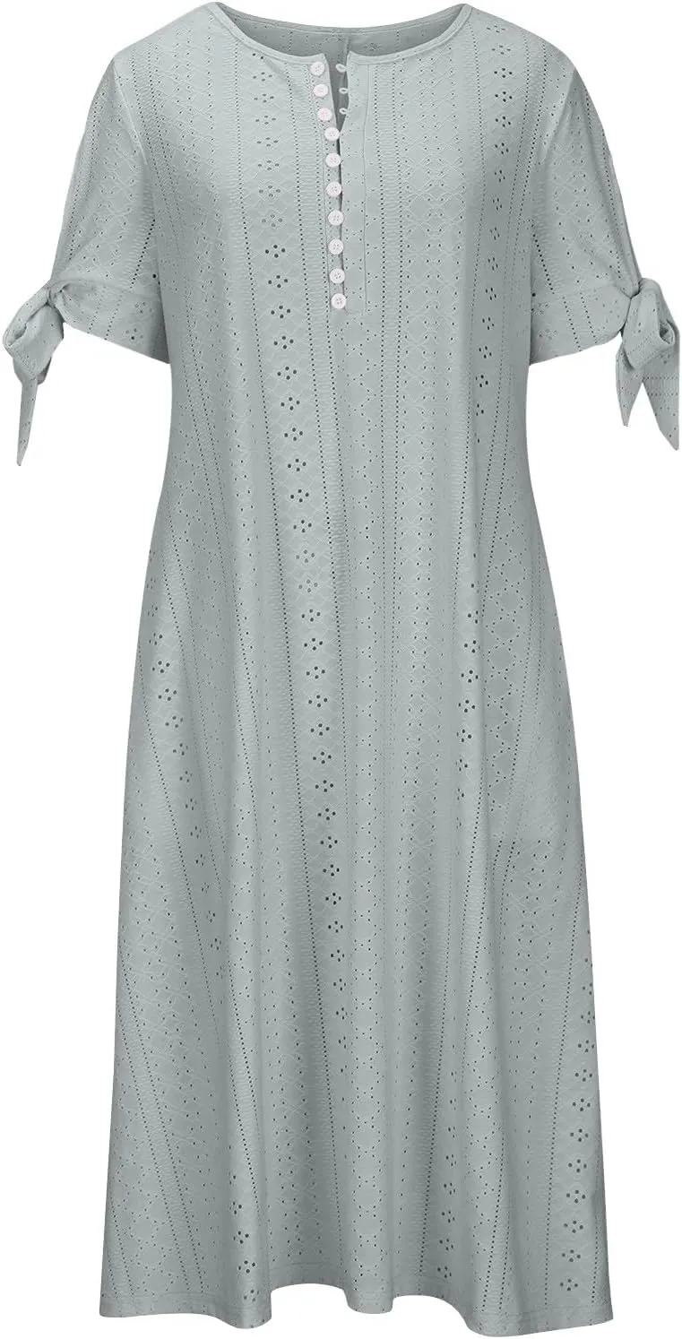 Womens Summer Casual Dresses 2025 Trendy V-Neck Button Down Hollow Out Short Sleeve Dresses Beach Vacation Sundress
