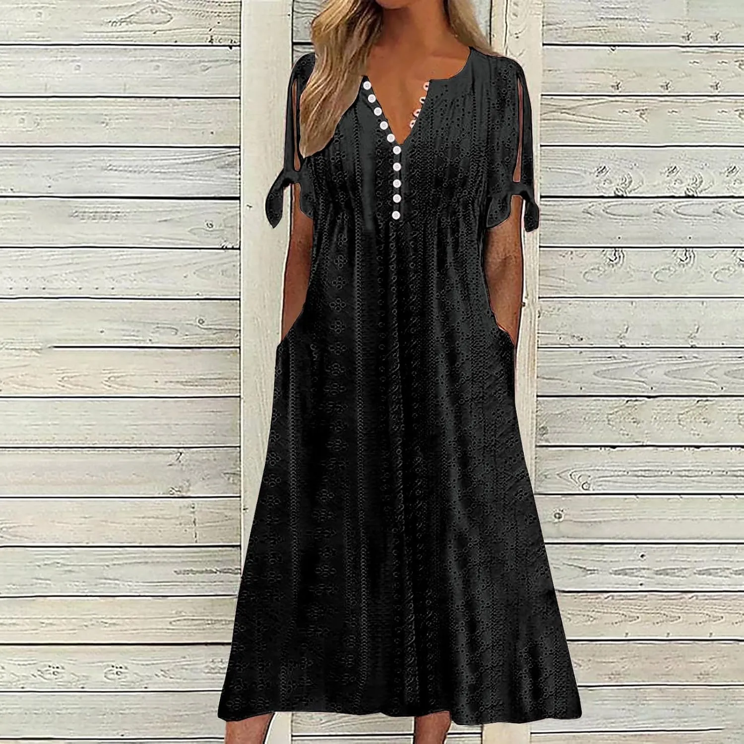 Womens Summer Casual Dresses 2025 Trendy V-Neck Button Down Hollow Out Short Sleeve Dresses Beach Vacation Sundress